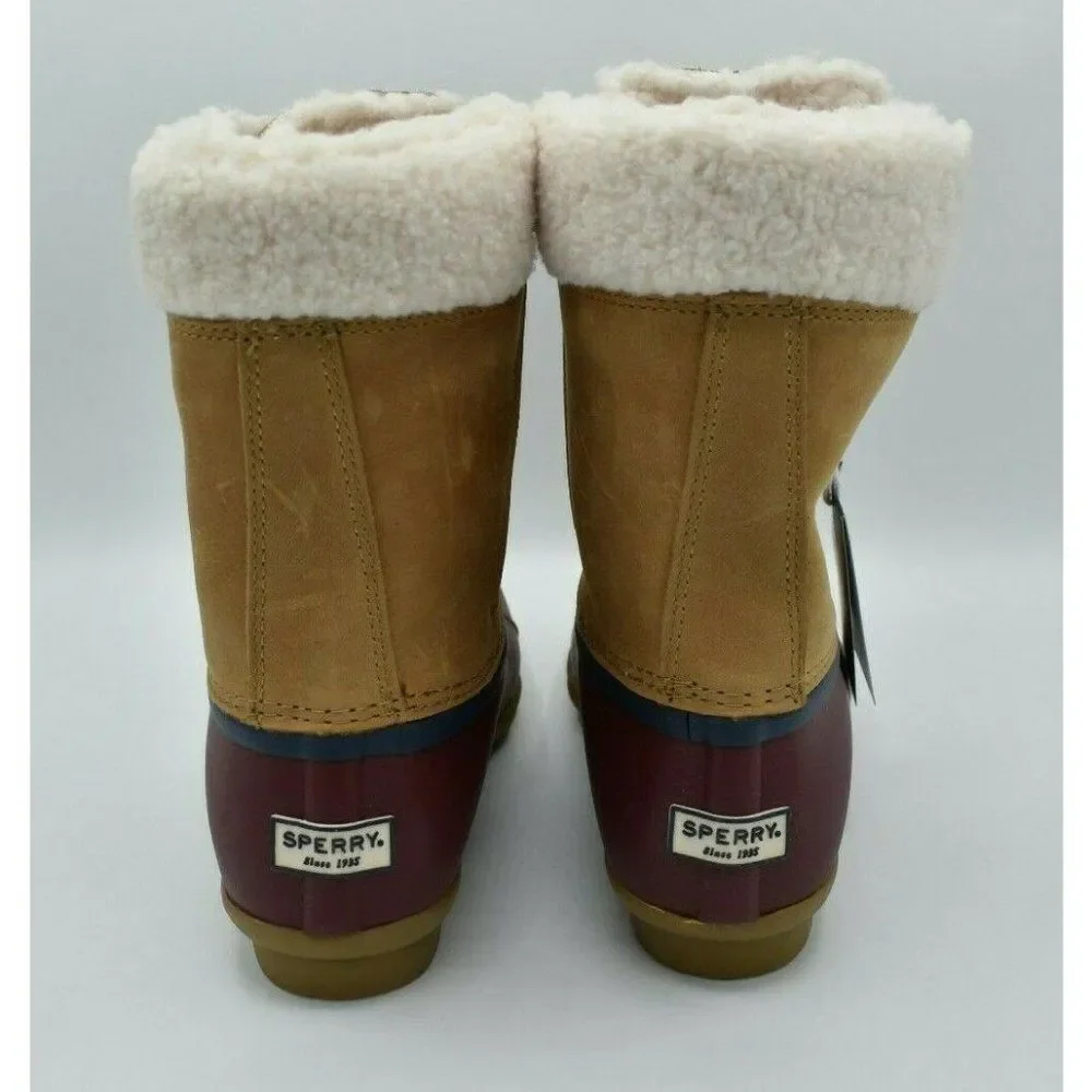 NWB Sperry Womens Size 7 M Saltwater Tall Leather Cozy‎ Tan Duck Boots STS85401